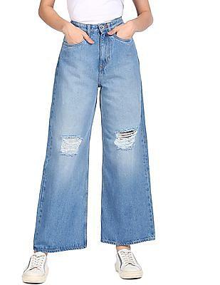 blue culotte fit wide leg jeans