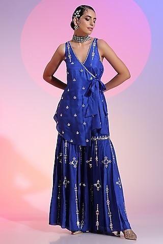 blue cupro dola silk pleated sharara set for girls