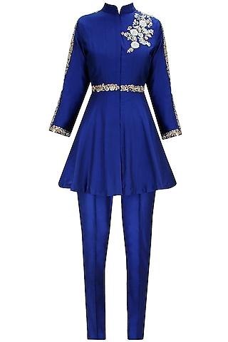 blue dabka embroidered flared kurta set