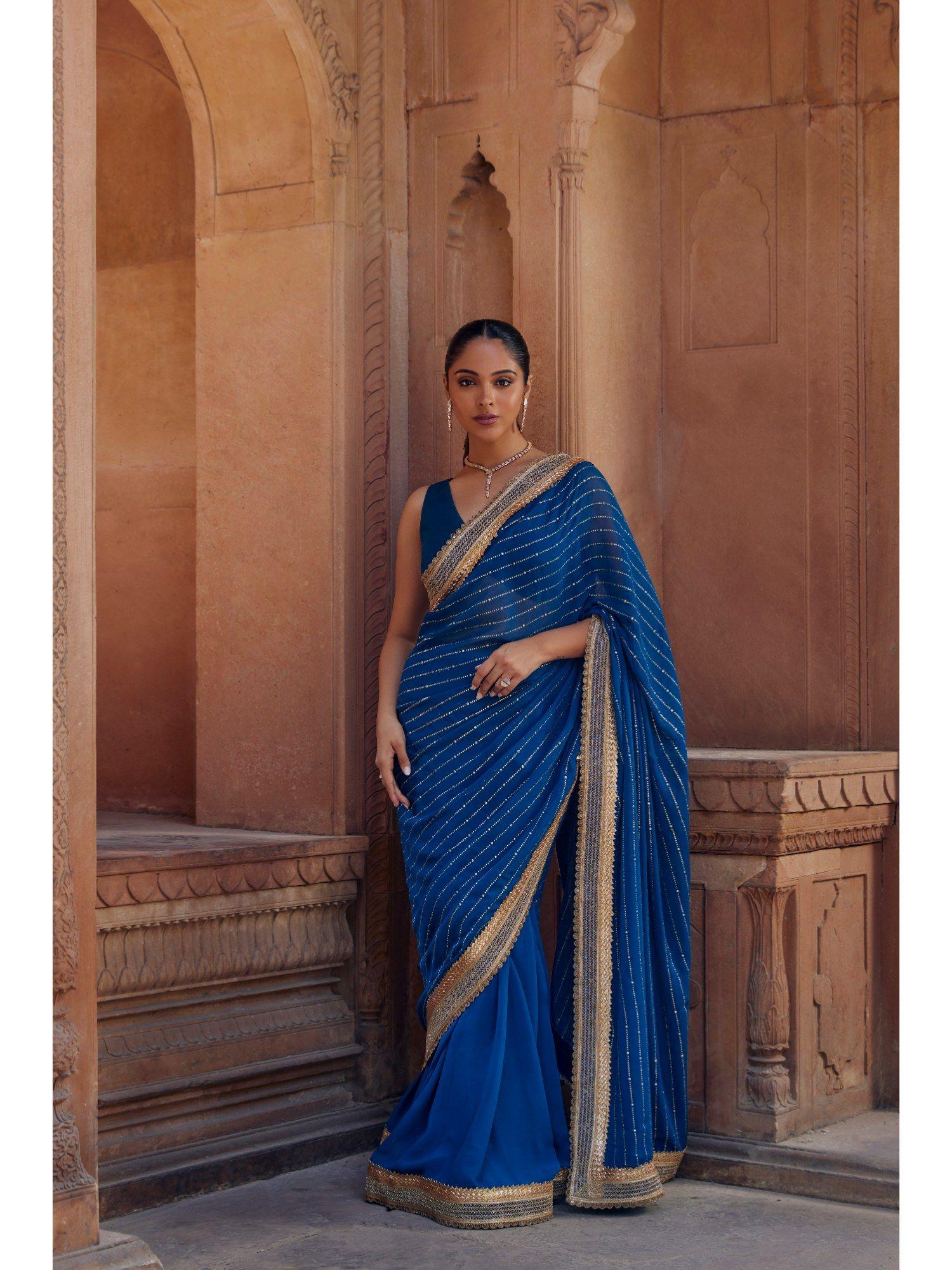 blue damini saree with stitched blouse