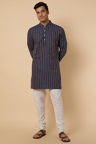 blue denim cotton stripe printed kurta set for boys