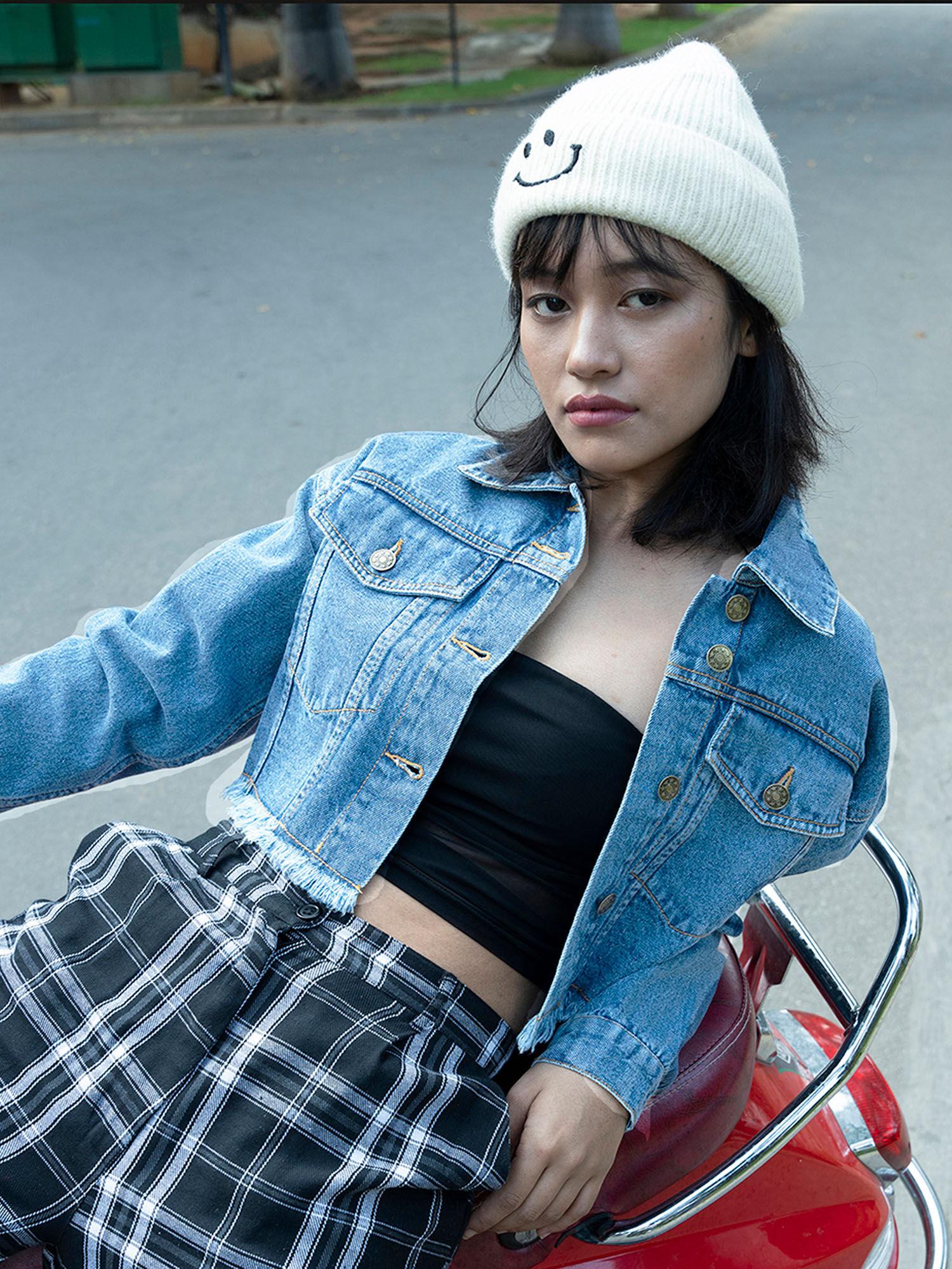 blue denim crop trucker jacket