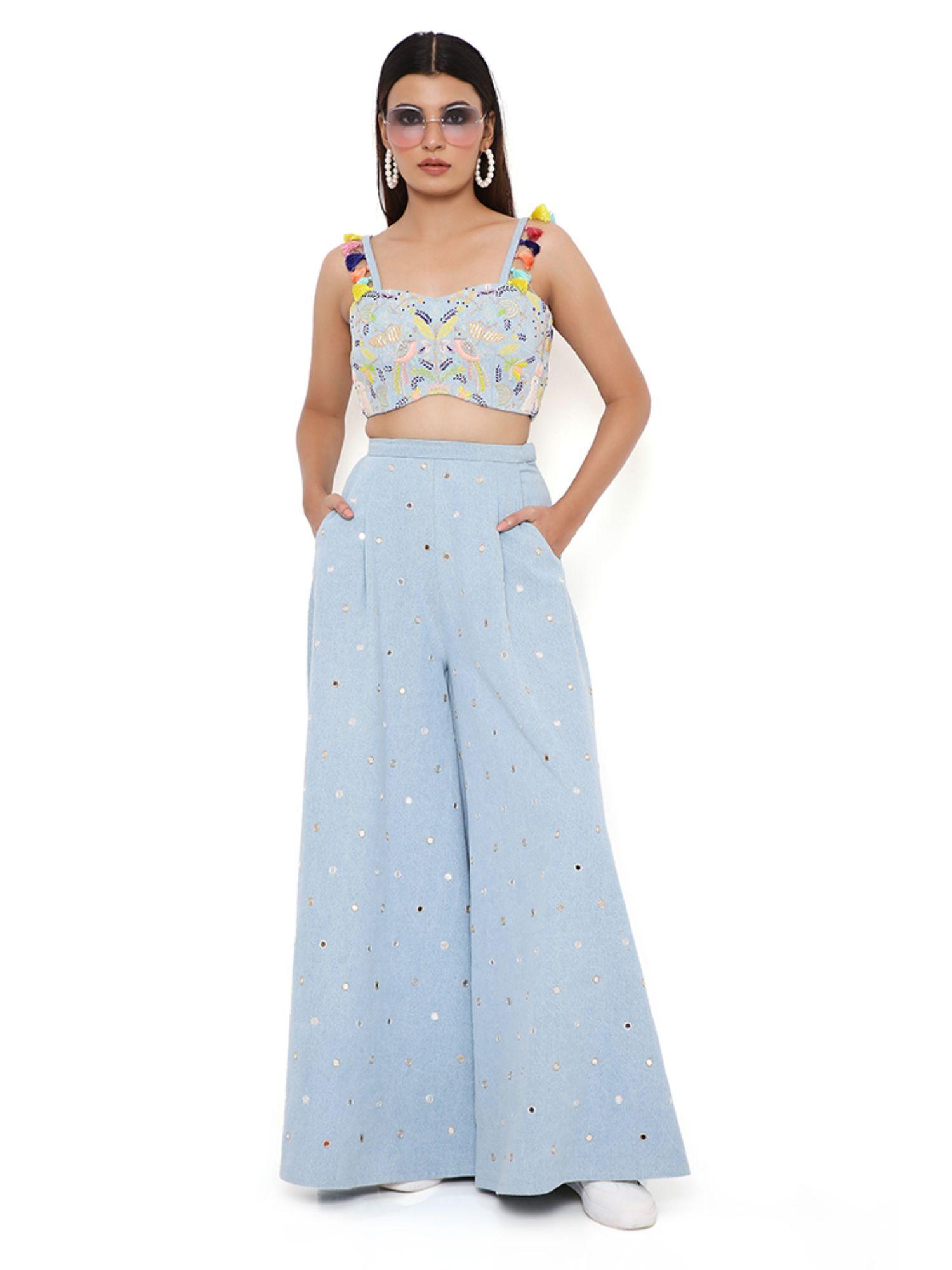 blue denim embroidered bustier and flared pant (set of 2)