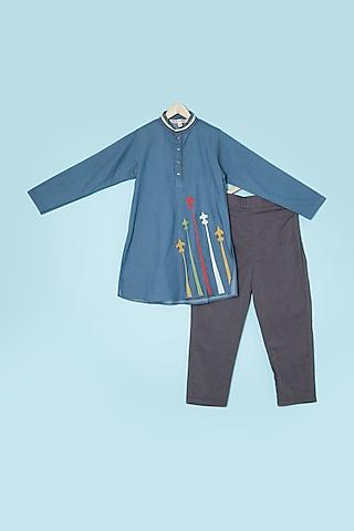 blue denim embroidered kurta set for boys