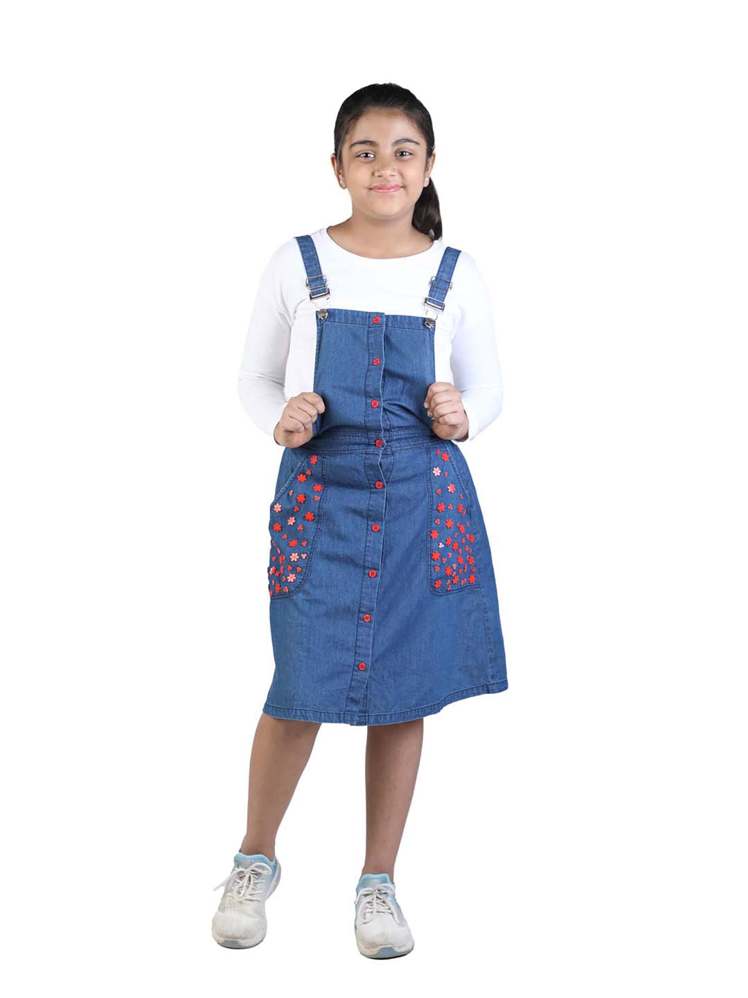 blue denim girls dungaree dress with floral sequins buttons