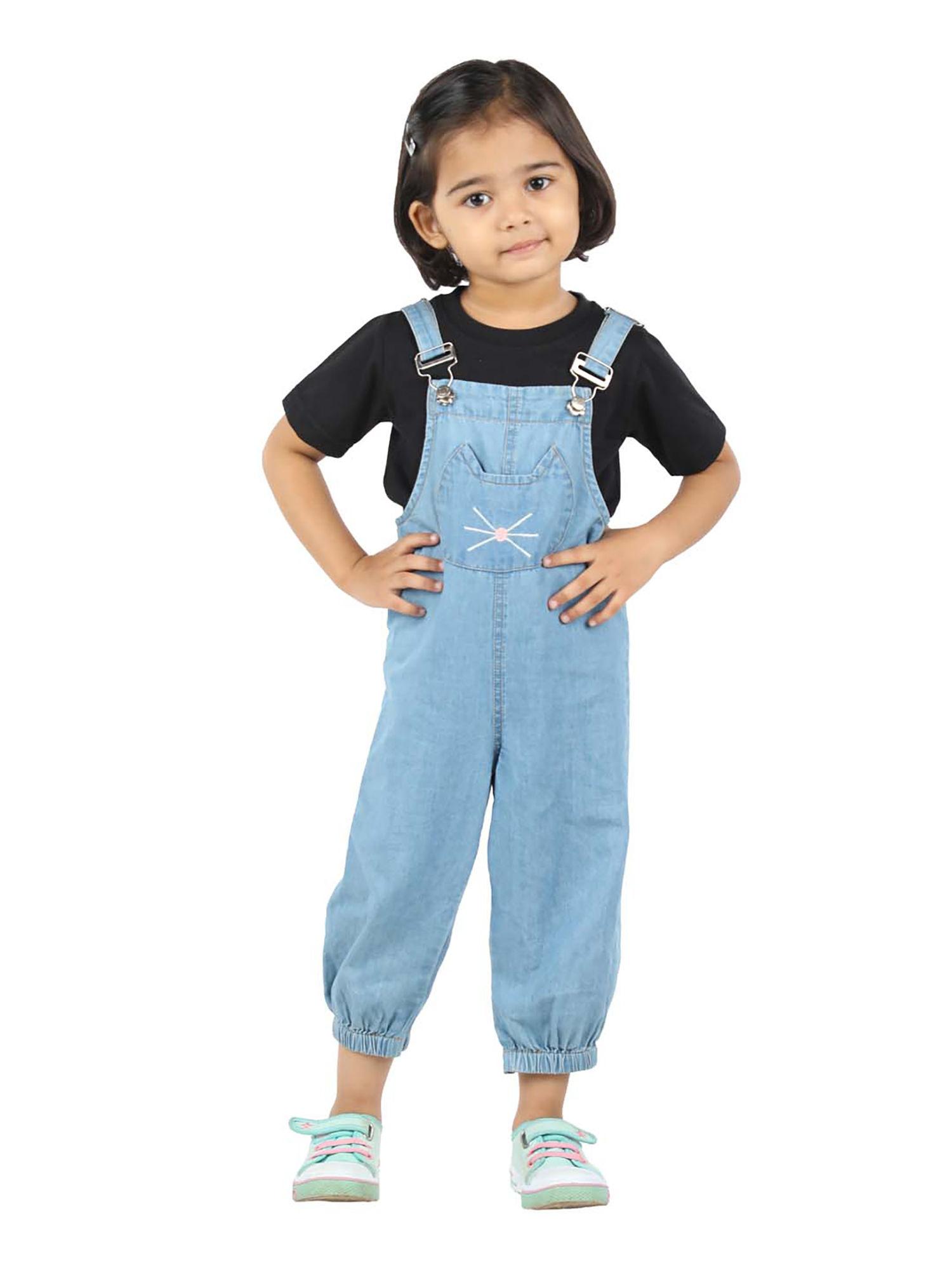 blue denim girls dungaree with slit pocket