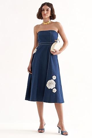 blue denim hand embroidered midi dress
