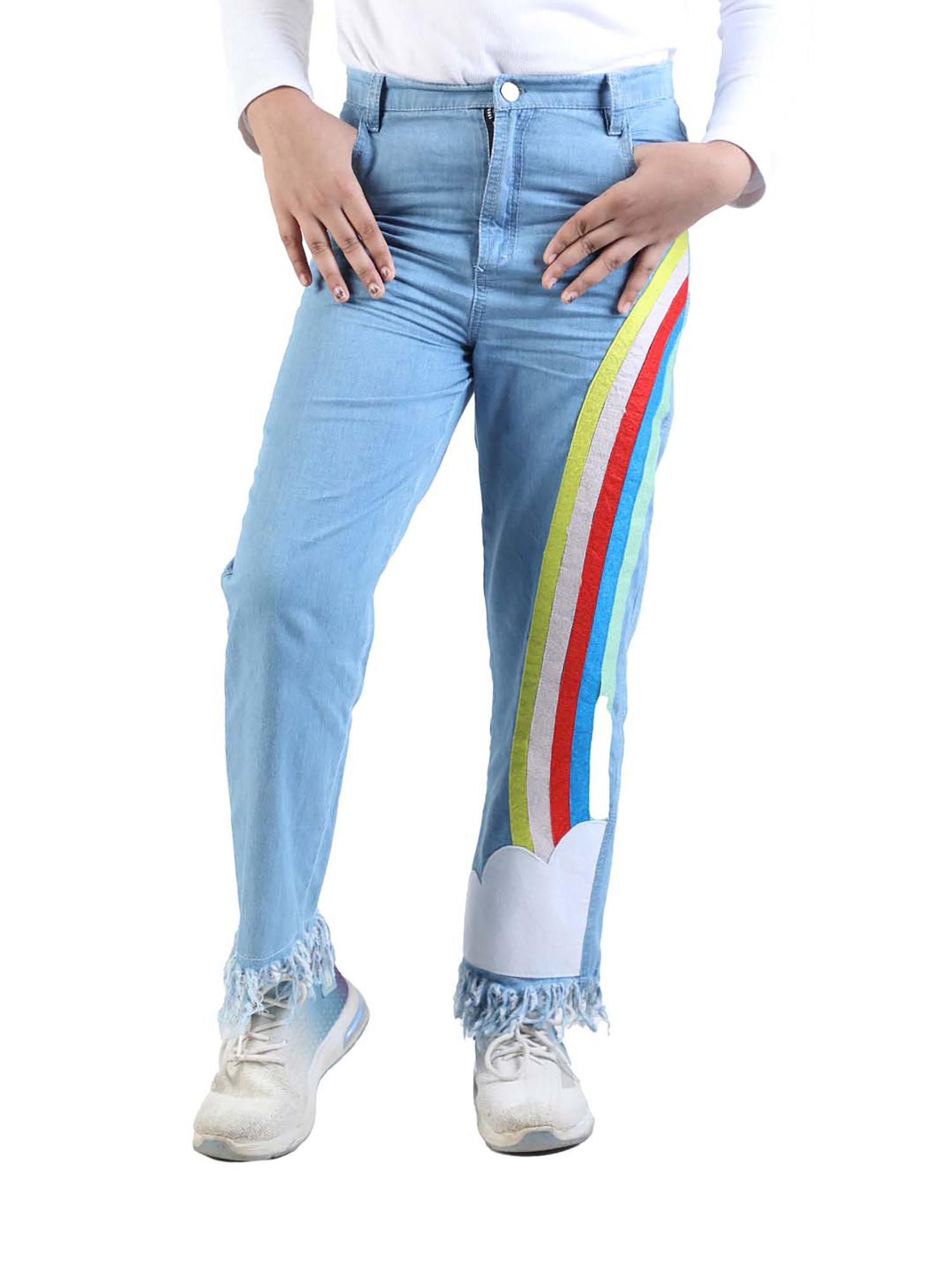 blue denim jeans for girls with rainbow felt