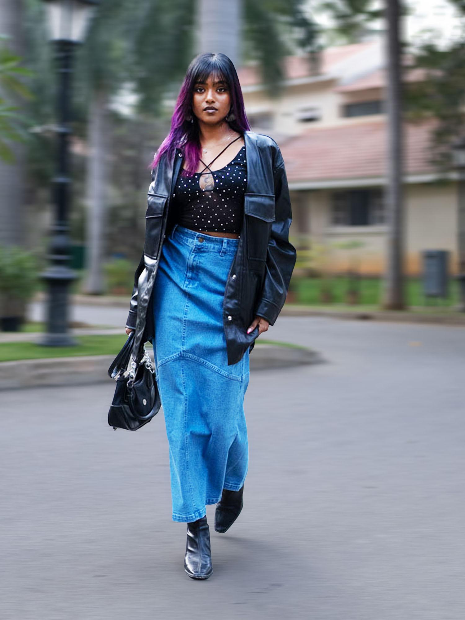 blue denim maxi skirt