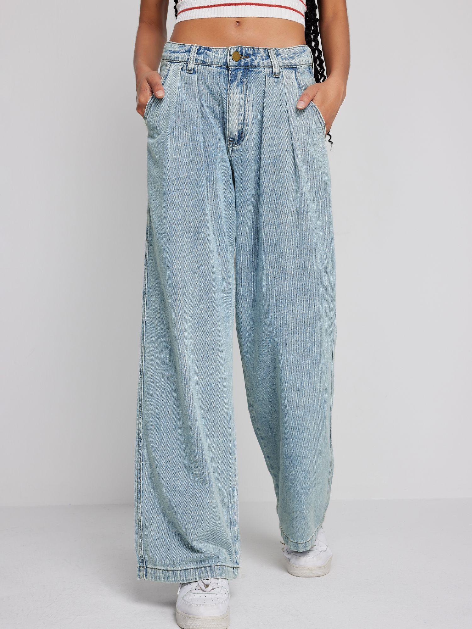 blue denim pleated wide leg jeans