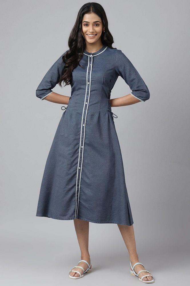 blue denim printed calf-length dress