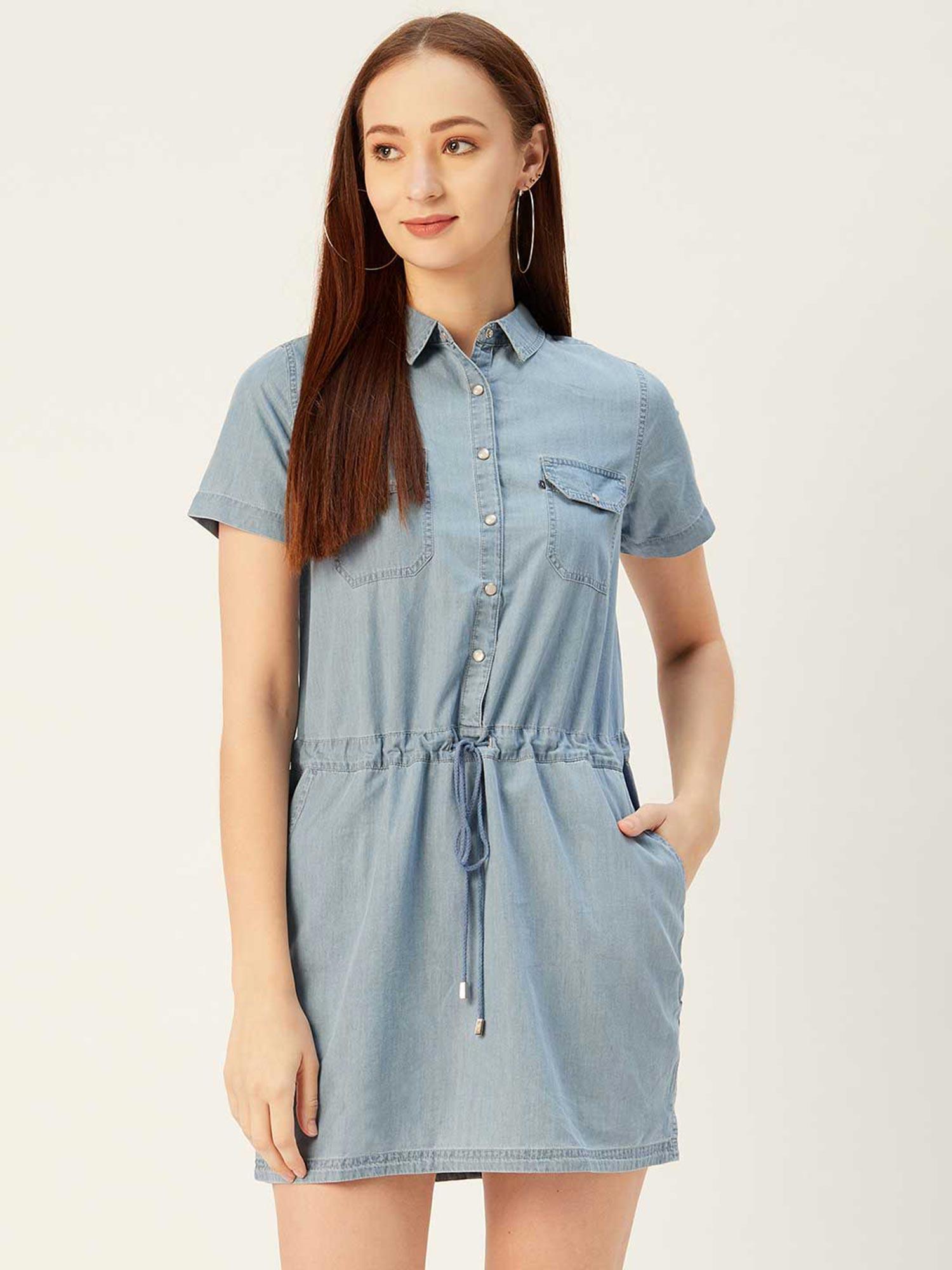 blue denim shirt pure cotton mini dress