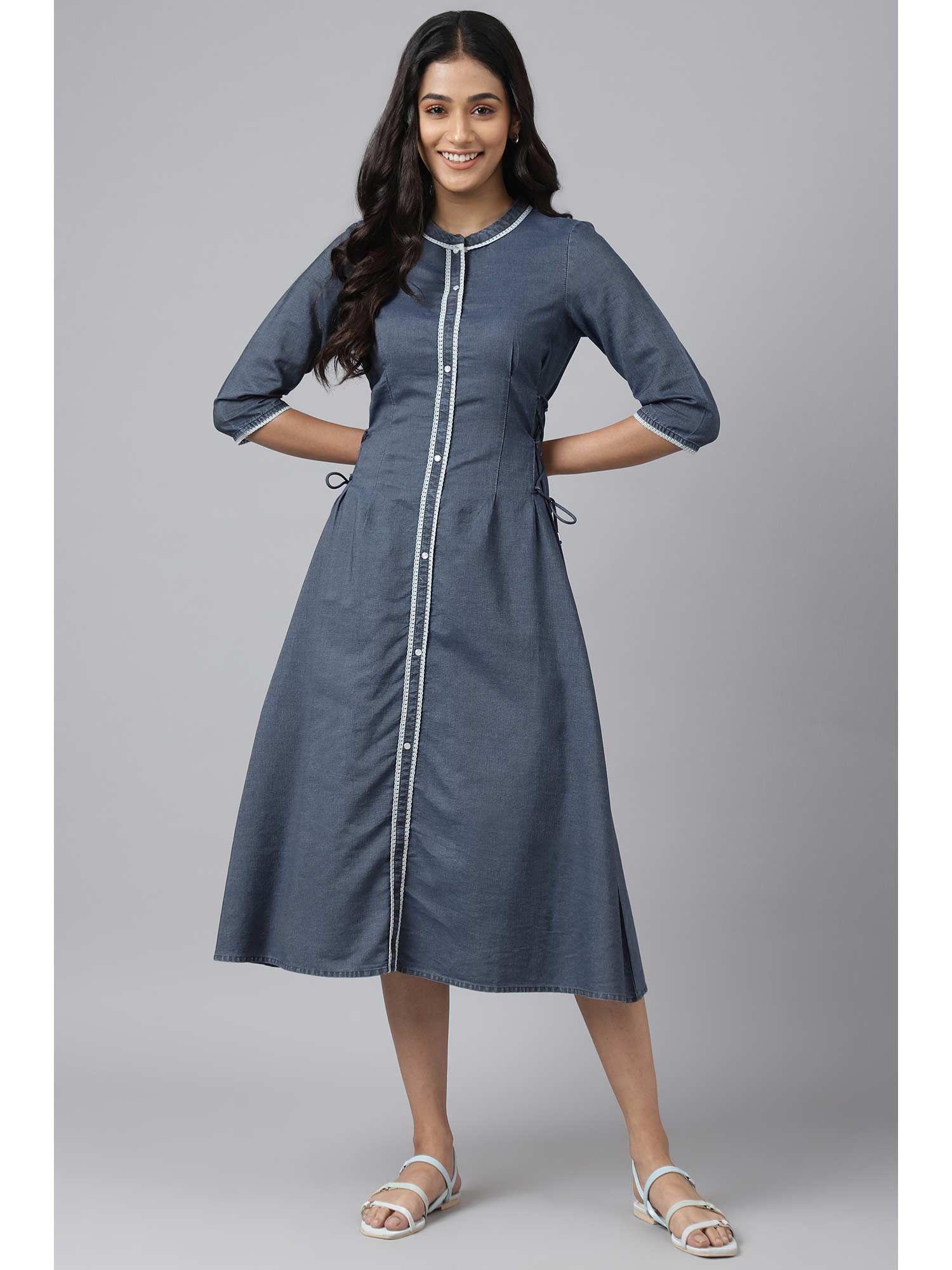 blue denim solid calf-length dress