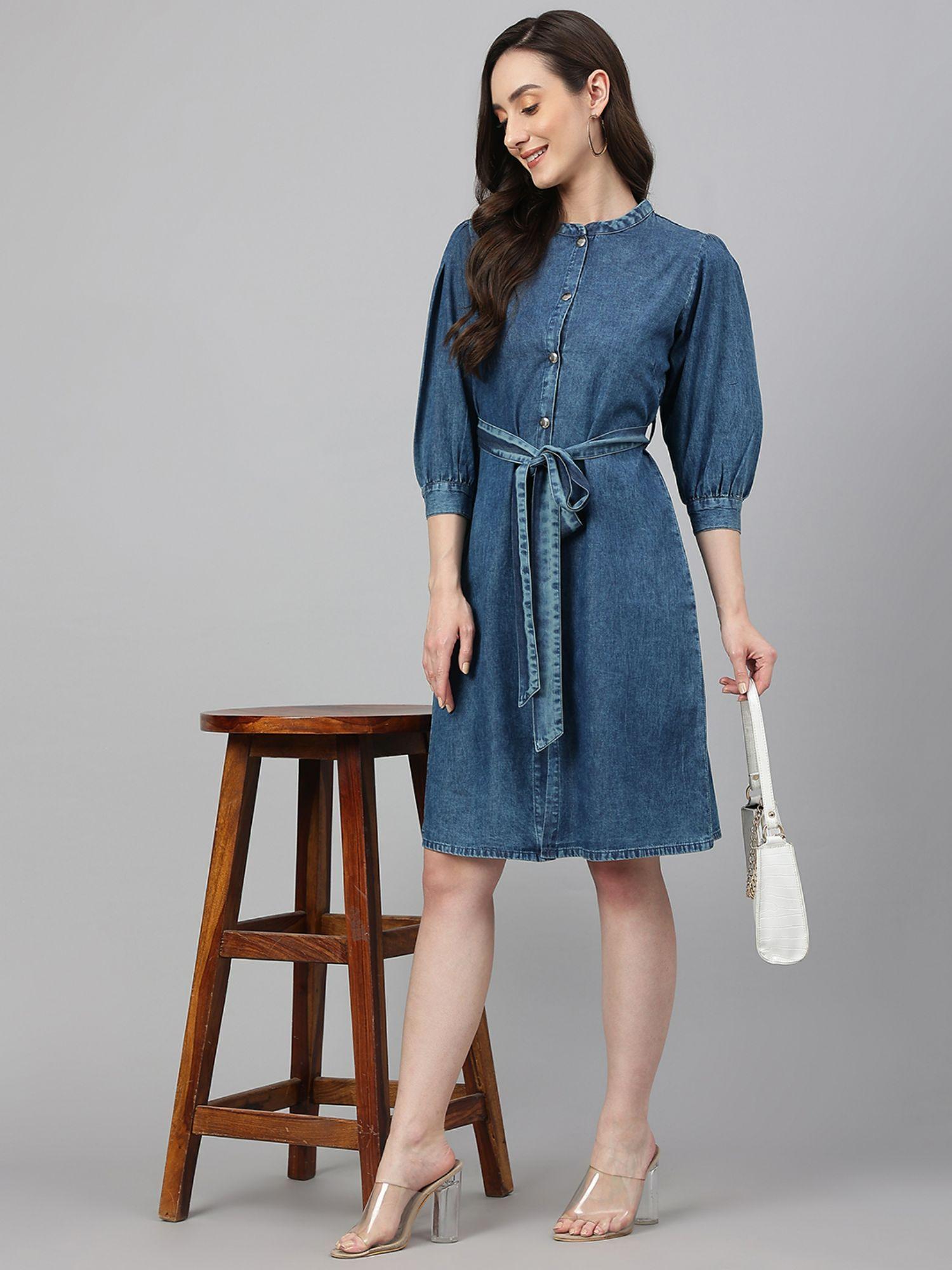 blue denim solid straight dress