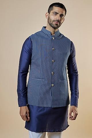 blue denim stripe printed bundi jacket