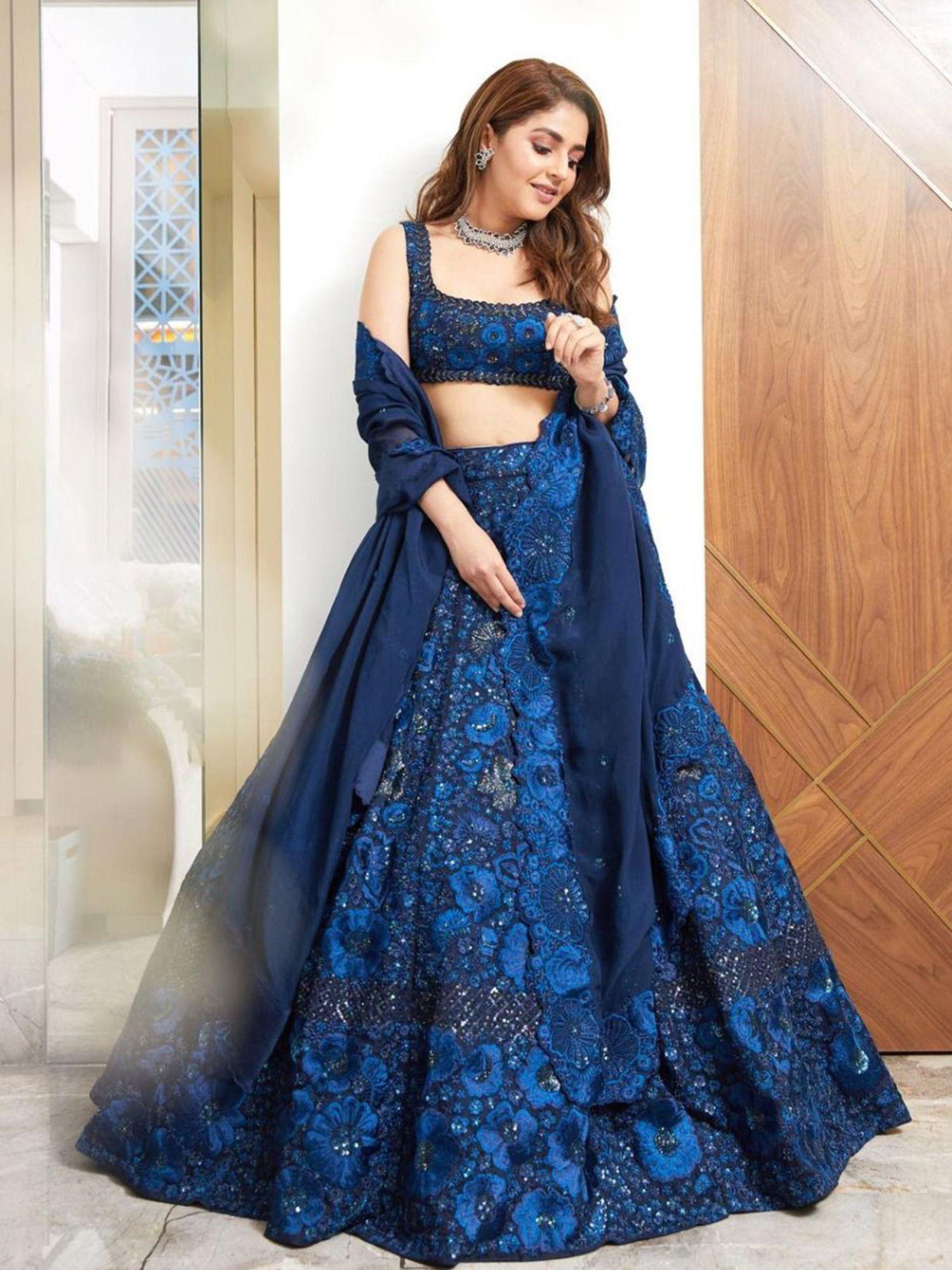 blue designer embroidered semi stitched lehenga with unstitched blouse (set of 3)
