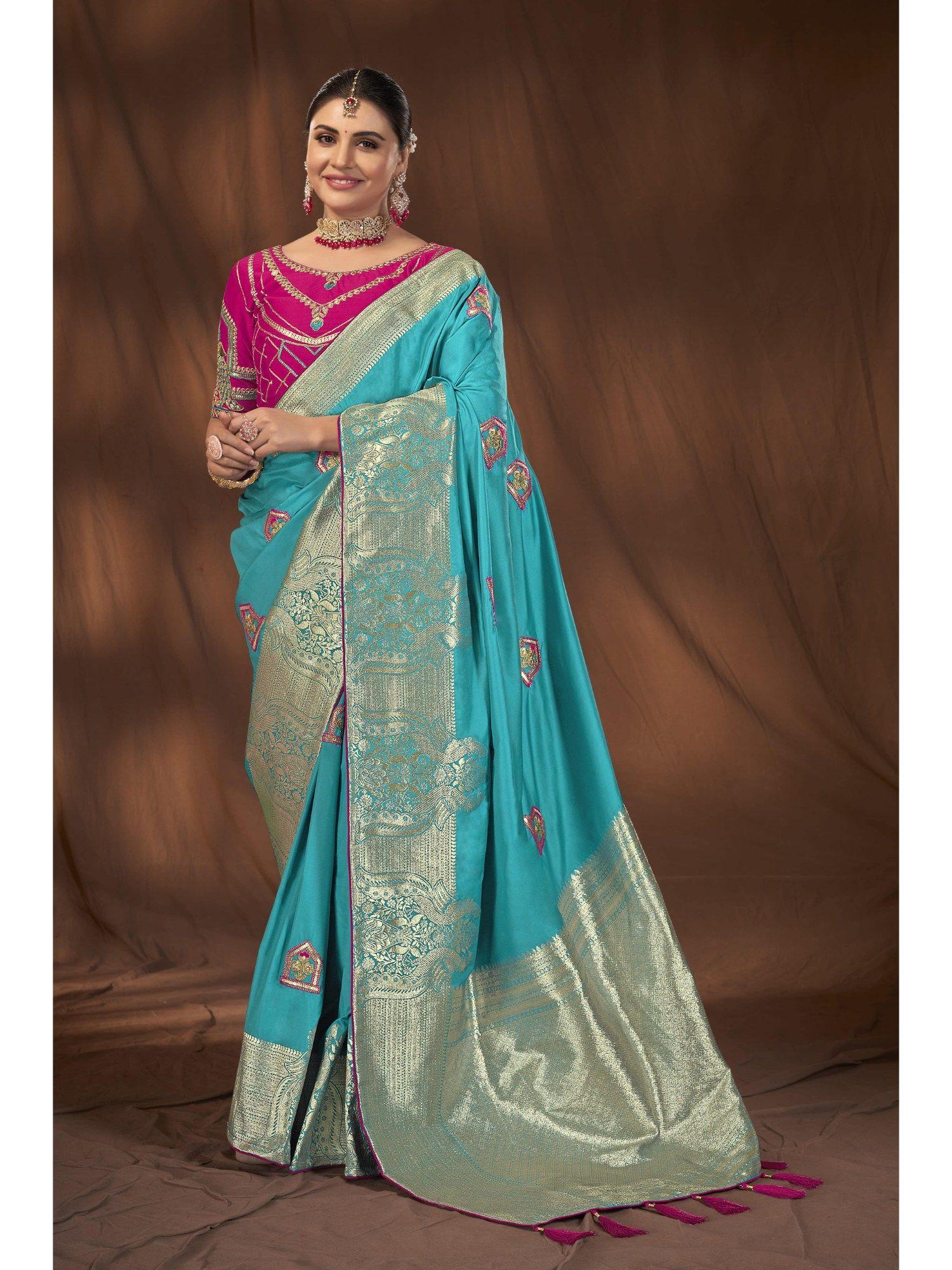 blue designer woven embroidery work saree with unstitched blouse