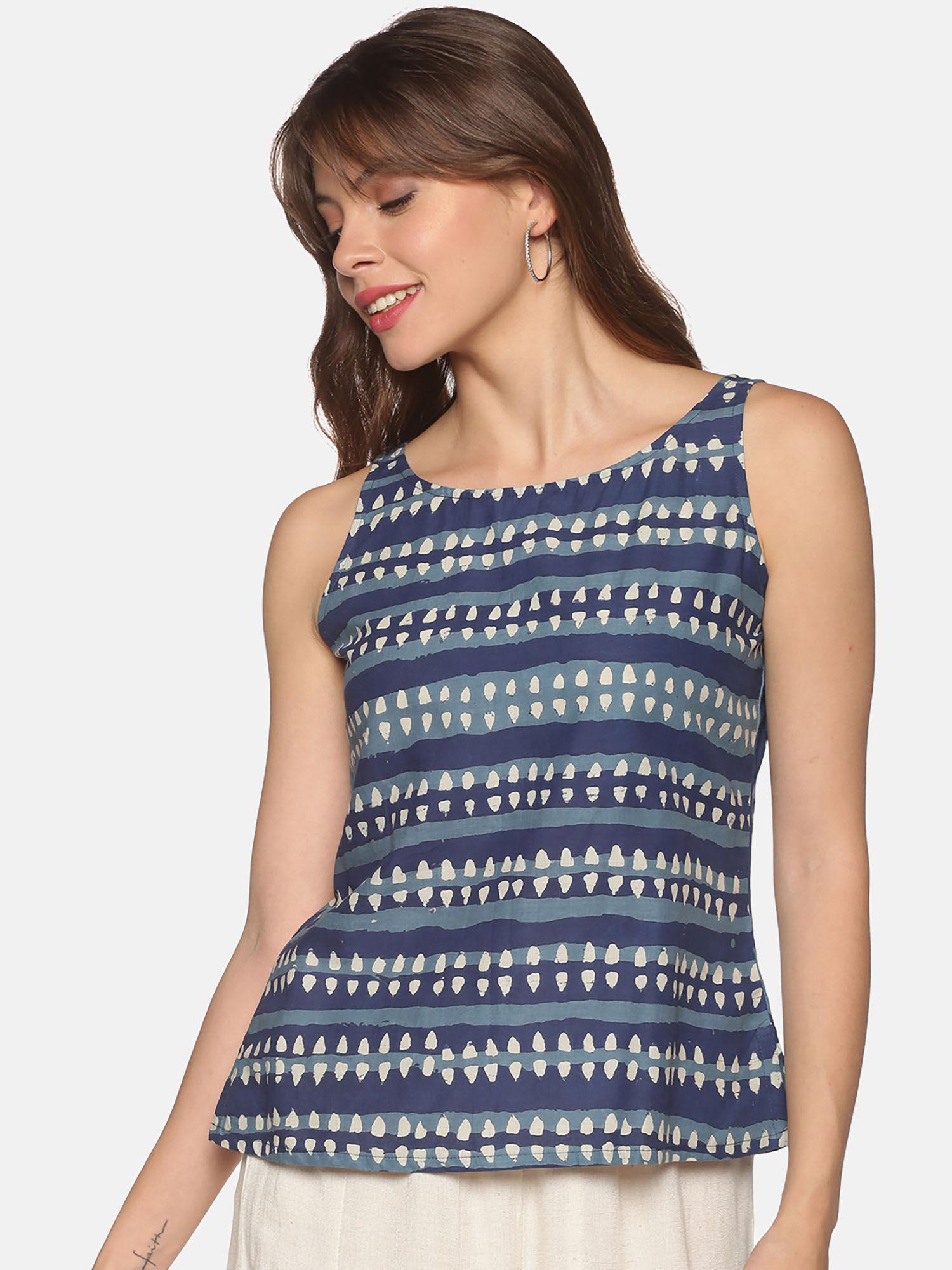 blue dhabu printed cotton tank top