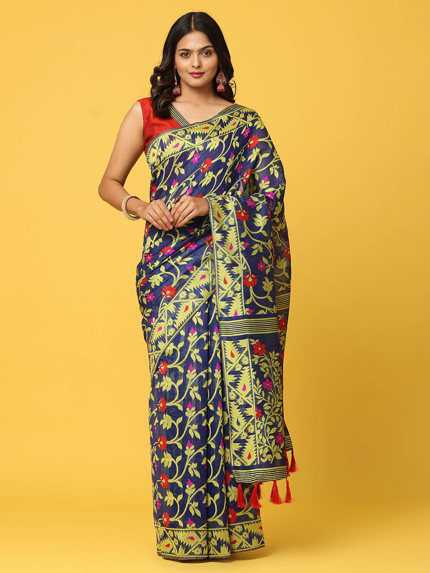 blue dhakai jamdani saree with unstitched blouse