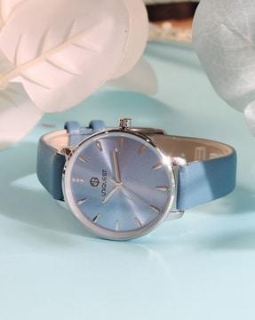 blue dial analogue fashion watch with leather strap for women