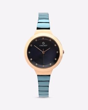 blue dial analogue fashion watch with steel strap for women