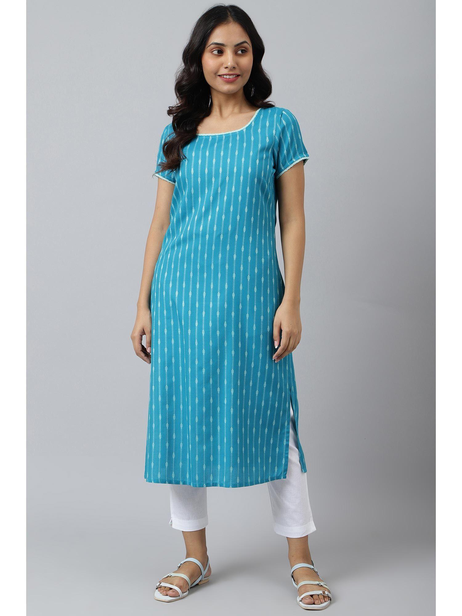 blue dobby round neck kurta