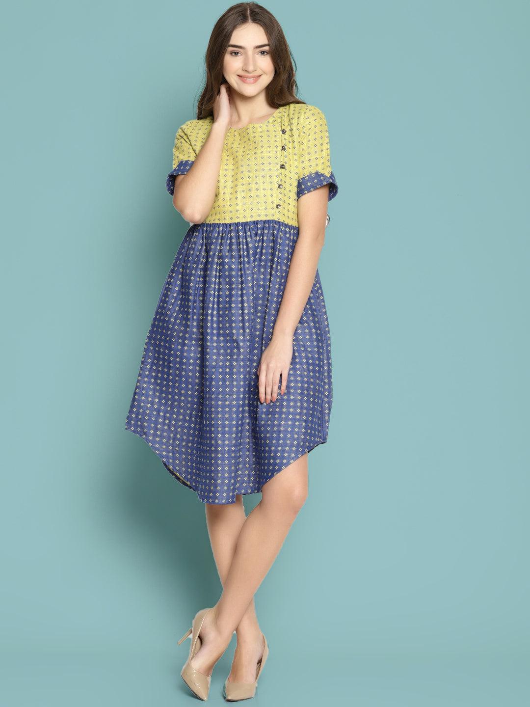 blue dobby shift dress with curved hem