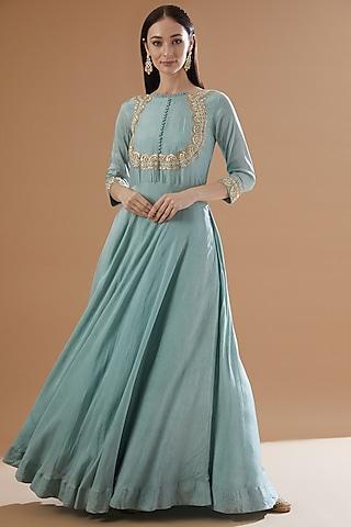 blue dola silk embroidered gown
