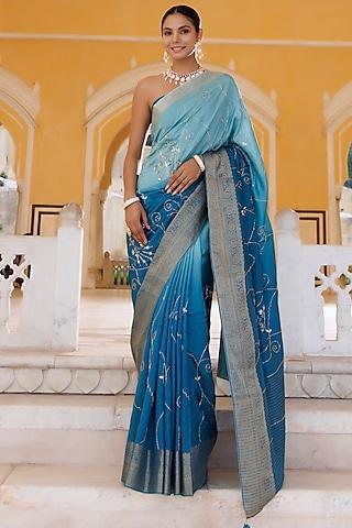 blue dola silk hand embroidered shaded banarasi saree set