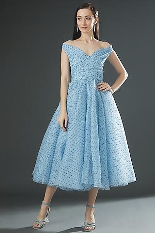 blue dotted organza off-shoulder midi dress