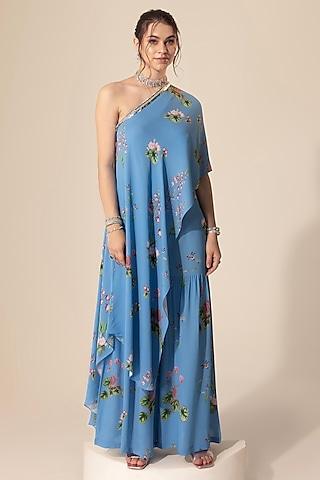 blue double georgette botanical printed tunic set