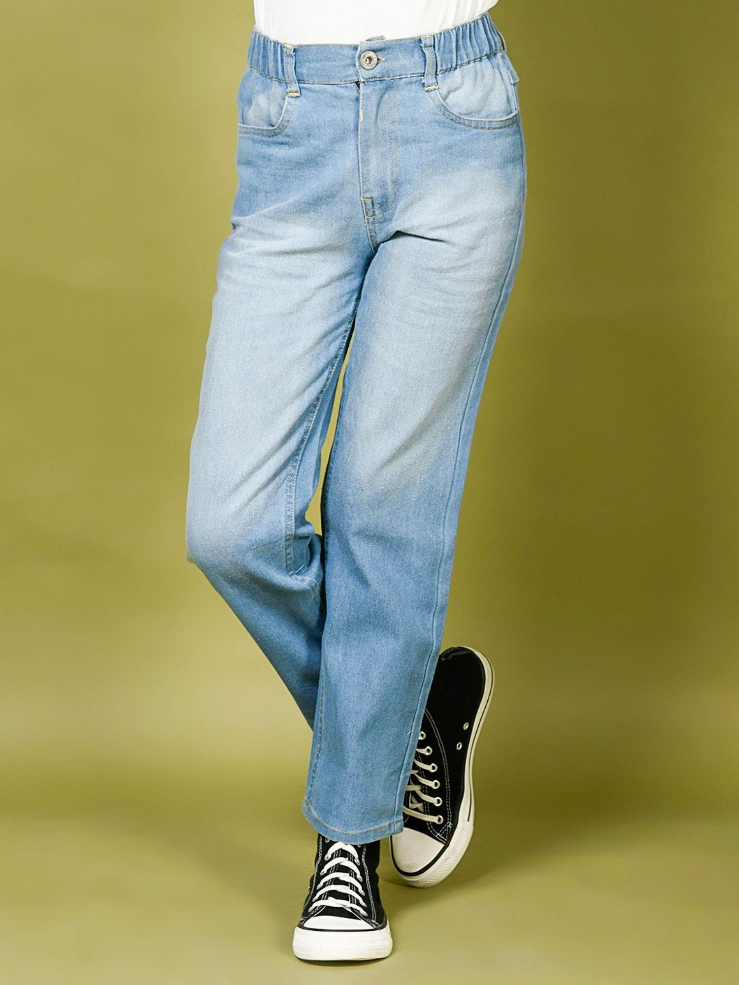 blue double shaded solid straight denim jeans