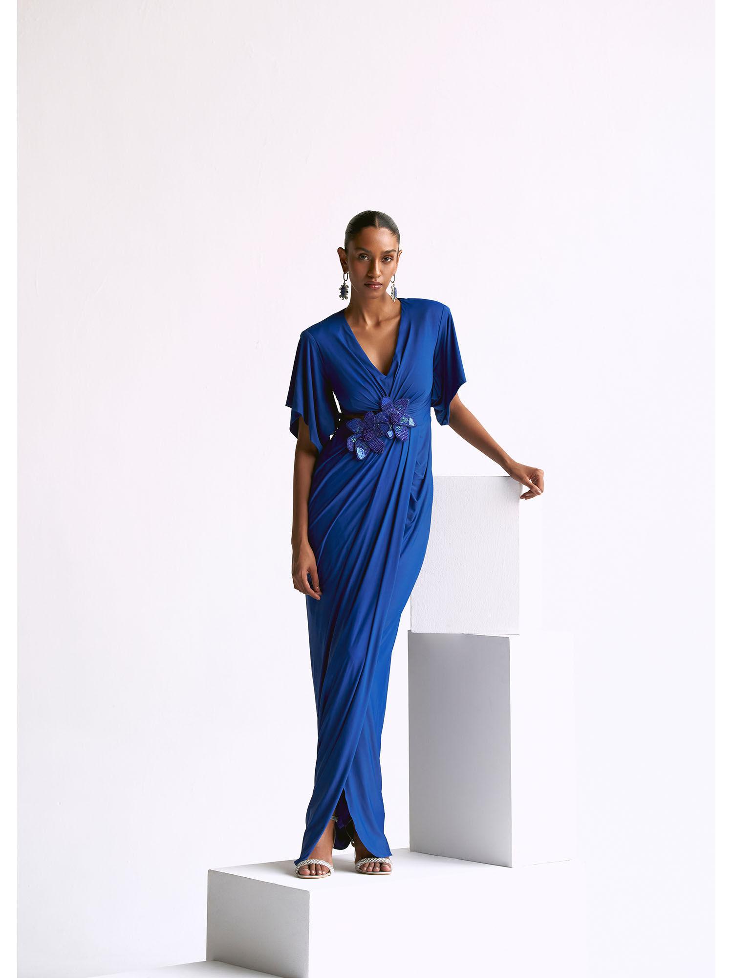 blue draped gown