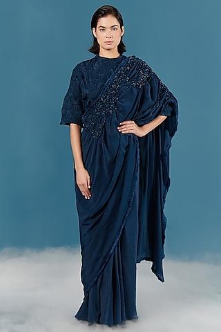 blue draped saree with embroidery