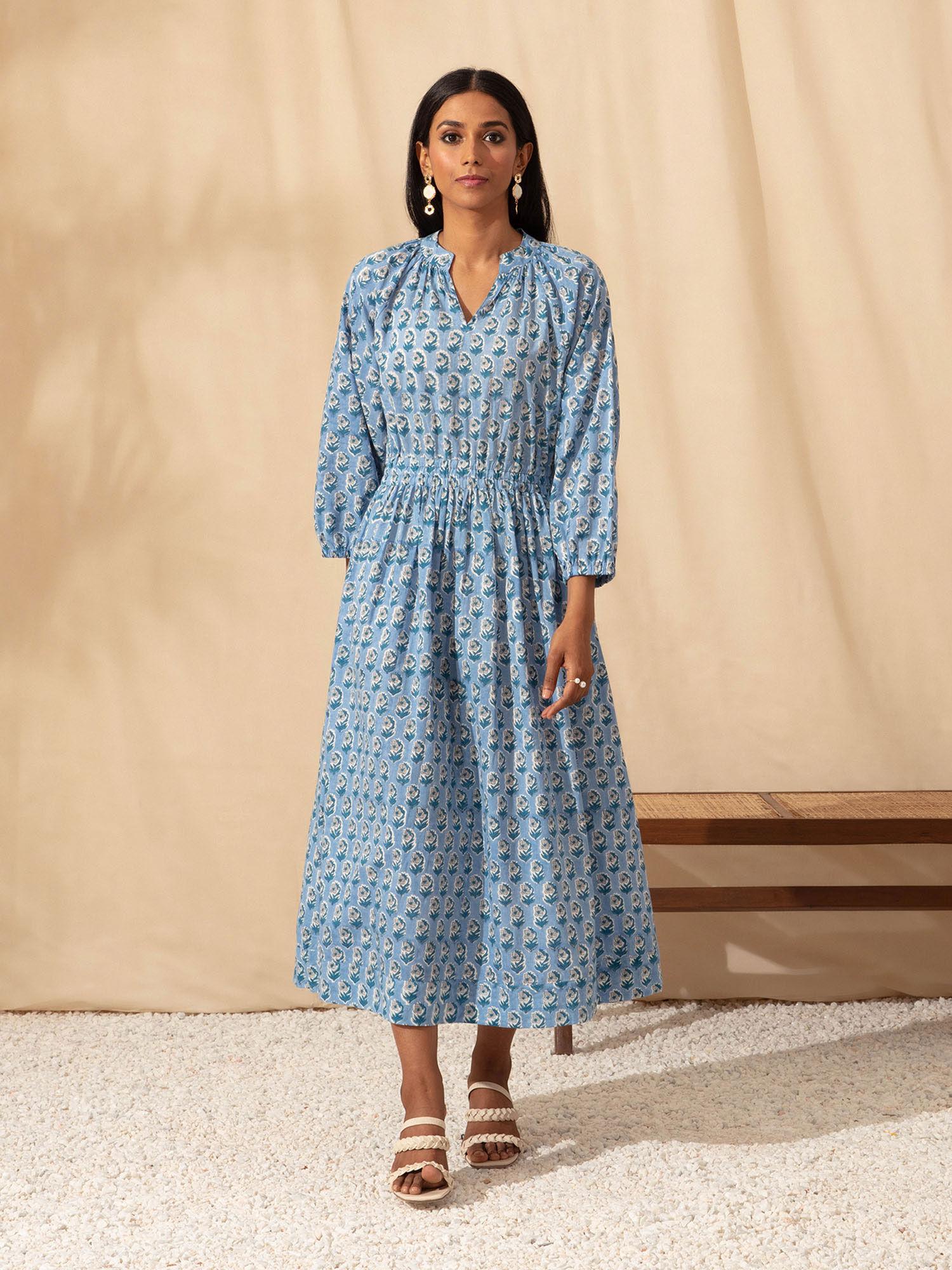 blue draw cord waist printed cotton dress likdrs24