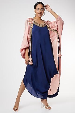 blue dress with old rose cape