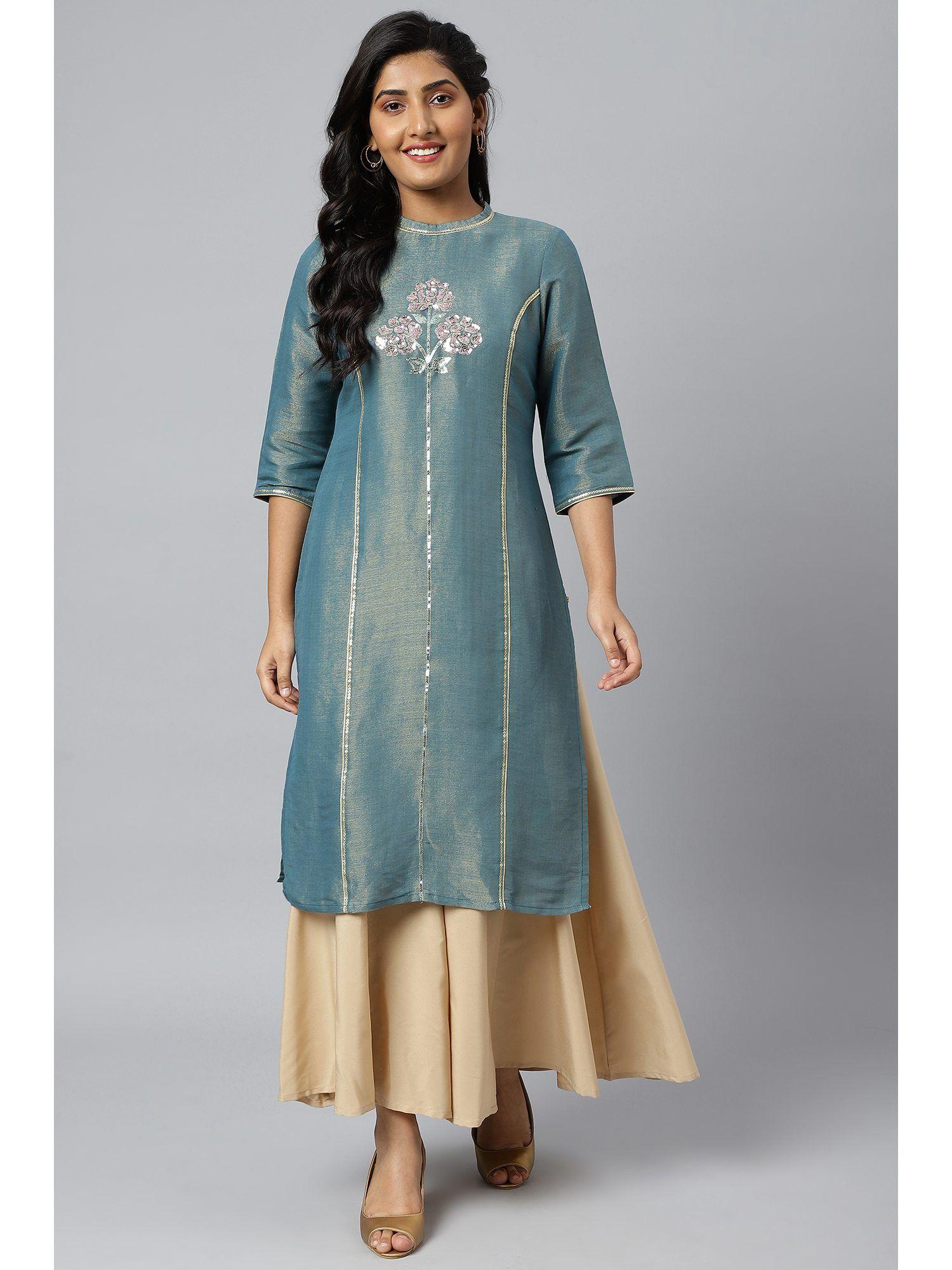 blue dual tone zari embroidered kurta