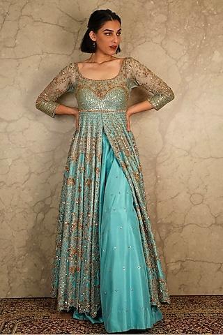 blue dupion silk anarkali set