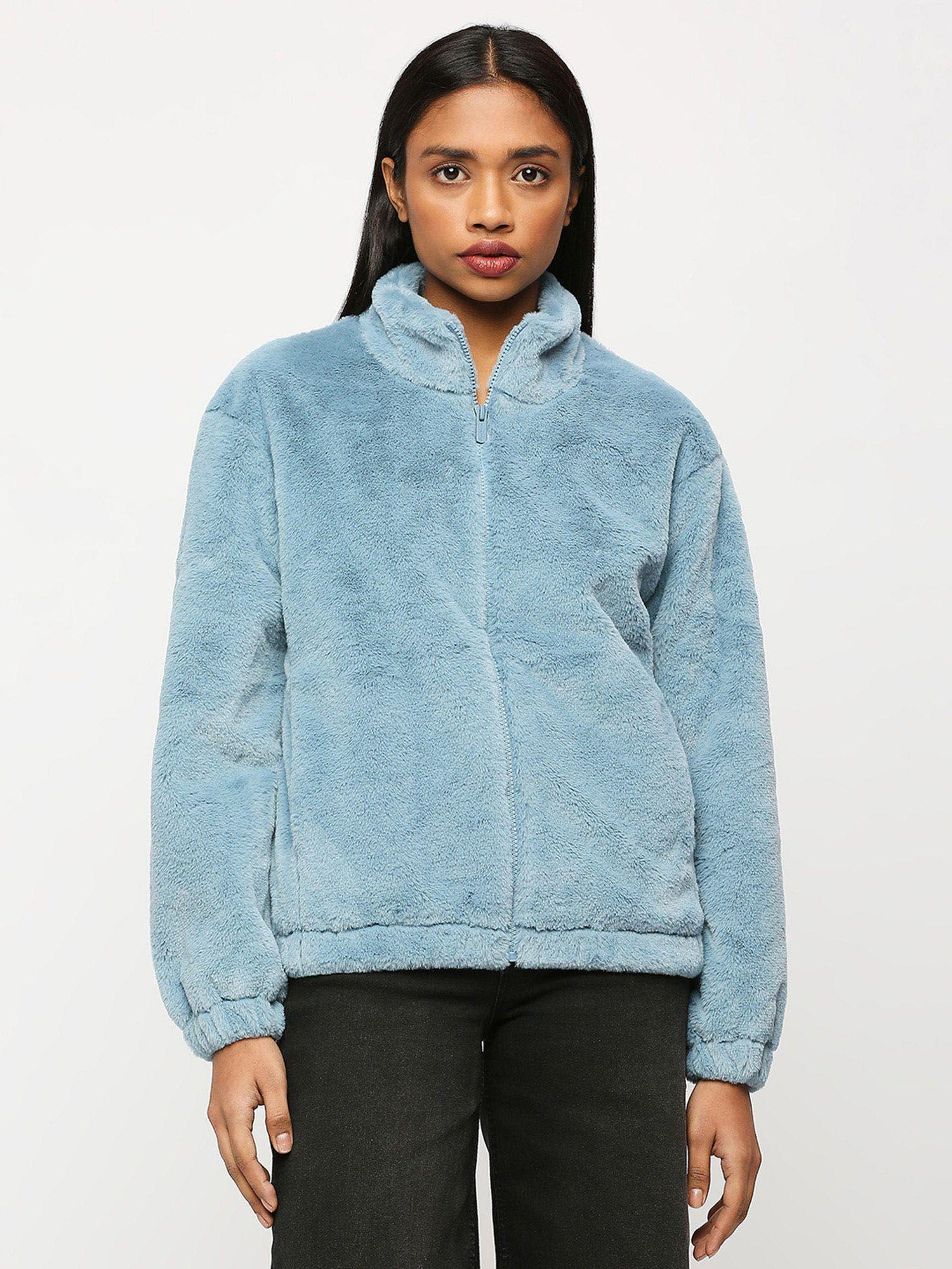 blue elasticated fur jacket