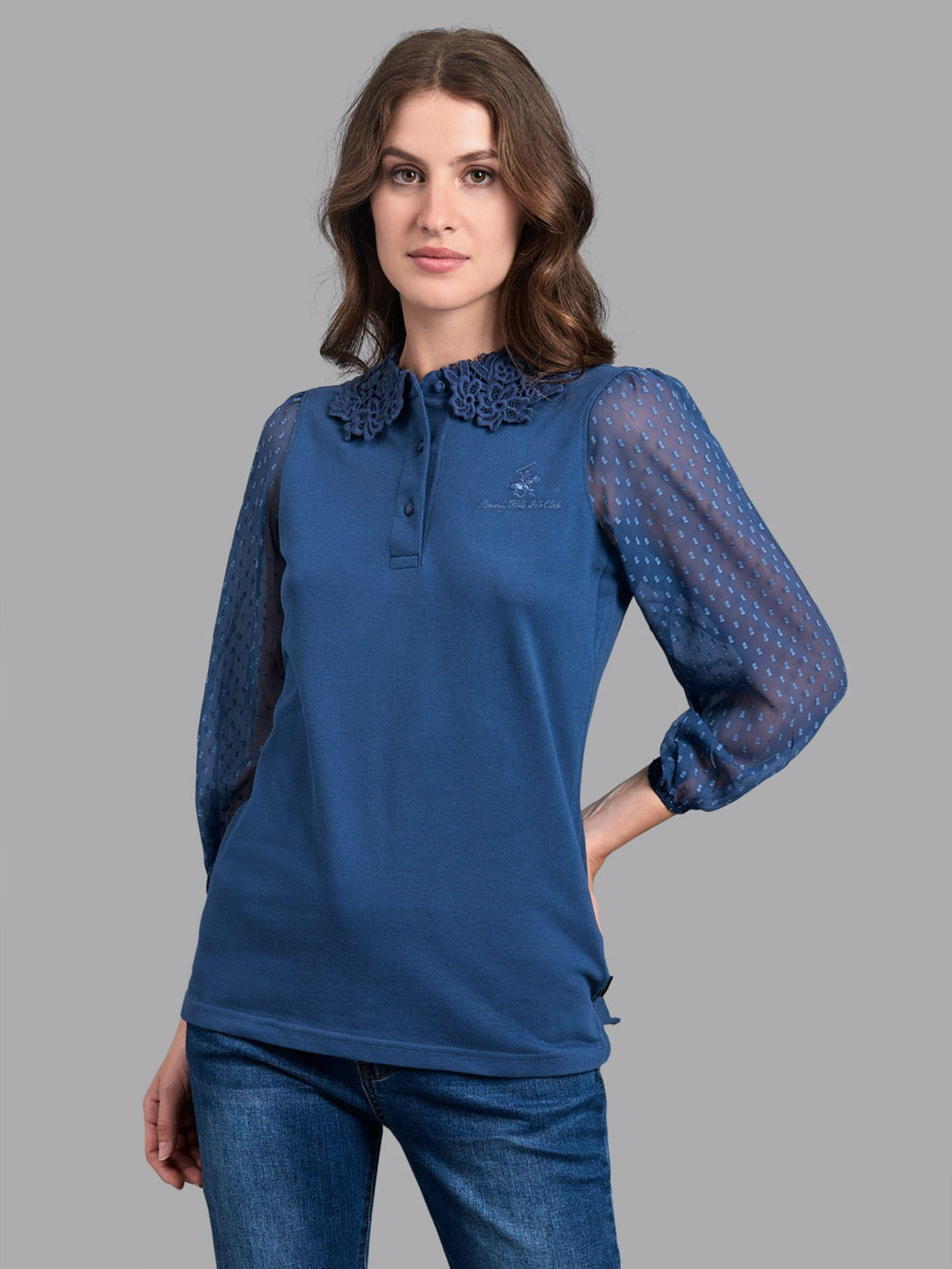 blue elegant touch lace collar polo