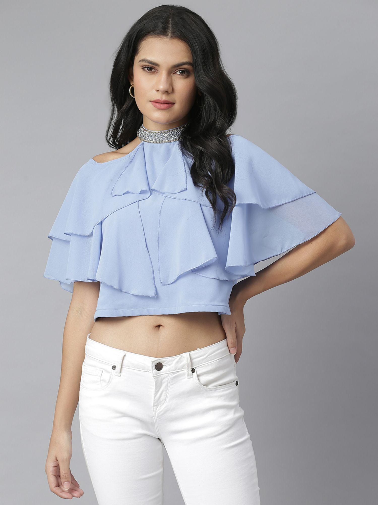 blue embellished choker neck ruffled georgette crop top