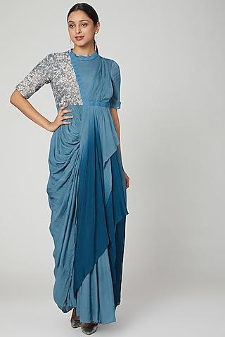 blue embellished draped dress
