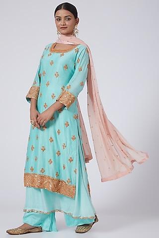 blue embellished kurta set