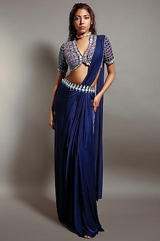 blue embellished pre-stitched saree set