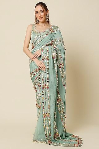 blue embellished pre-stitched saree set