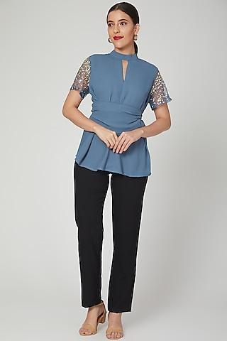 blue embellished shirt with wrap belt