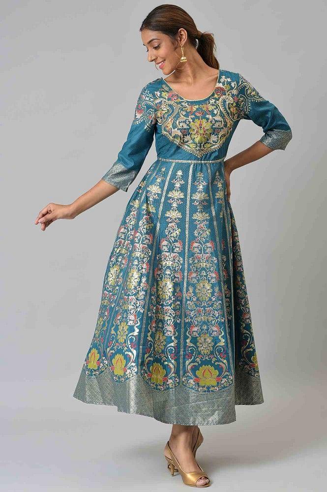 blue embroidered a-line ethnic dress