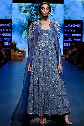 blue embroidered anarkali kurta with pants & cape