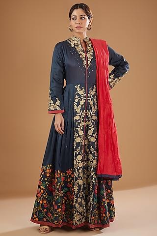 blue embroidered anarkali set