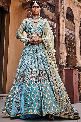 blue embroidered anarkali set